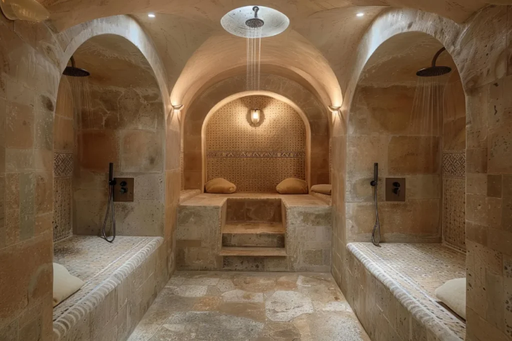 Authentic Turkish hammam interior with heated marble and traditional bath